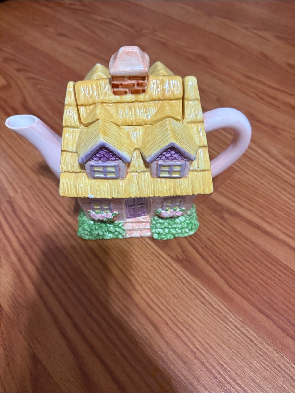 Lefton Yellow & Pink Cottage Teapot with Purple Accents